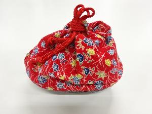 リサイクル　縮緬地花模様竹籠巾着